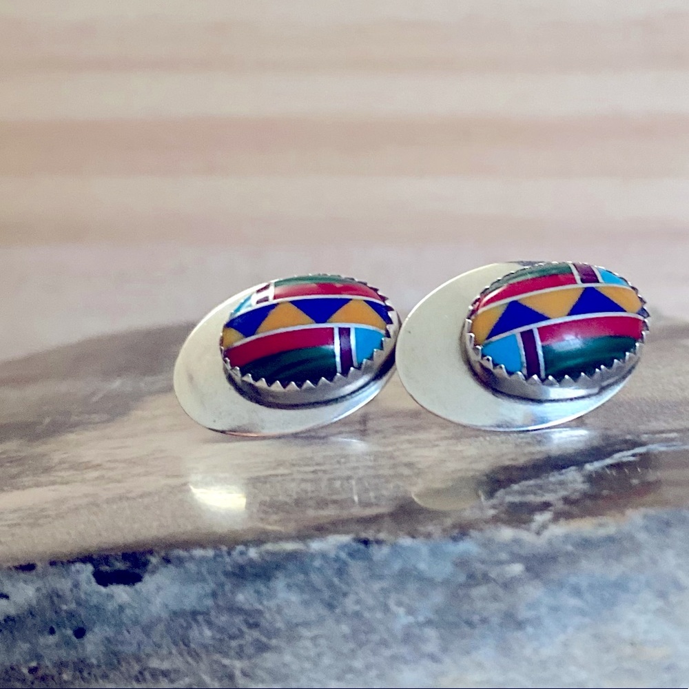 Multicolored Semiprecious Gemstone Earrings .925 Sterling Silver Navajo